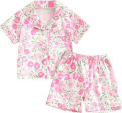 Baby Girls' Pyjama Sets Girls Summer 2PCS Pajama Sets Short Sleeve Button down Shirt Floral Print + Elastic Waist Shorts Sleepwear Girls Loungewear