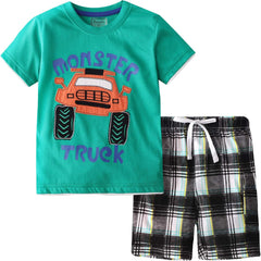 Toddler Boys Little Monster Embroidered Truck 2-Pieces Cotton T-Shirt and Shorts Summer Outfit Set