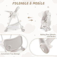 Baby High Chair with Detachable PU Cushion and Lockable Wheels