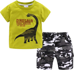 Boys Short Sets with Dinosaur Print Tops Elastic Waist Camouflage Shorts Beach Outfits