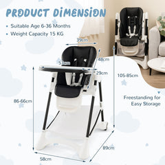 Baby High Chair with Detachable PU Cushion and Lockable Wheels