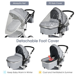 2 in 1 Foldable Baby Stroller with Rain Cover and Mosquito Net