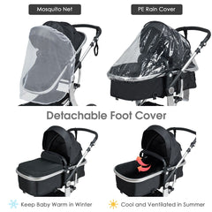 2 in 1 Foldable Baby Stroller with Rain Cover and Mosquito Net