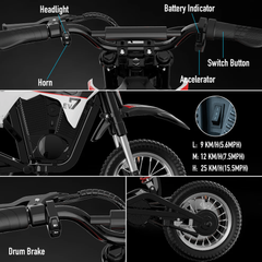 EVERCROSS Kid's Electric Dirt Bike EV12M Pro – 300W 25 km/h Kids Motorbike with Bluetooth & LED Lights