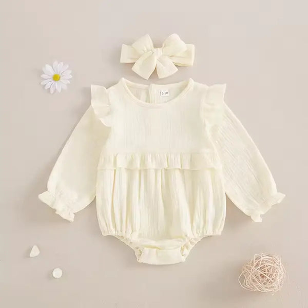 Newborn Baby Girl Romper – Cotton Linen Smocked Bubble Jumpsuit