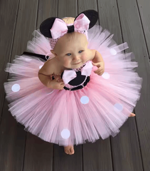 Pink Cartoon Girls Tutu Dress – Crochet Tulle Set with Bow, Dots, and Headband