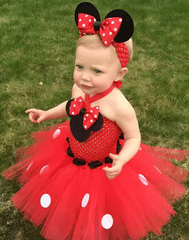 Pink Cartoon Girls Tutu Dress – Crochet Tulle Set with Bow, Dots, and Headband