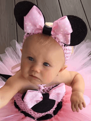 Pink Cartoon Girls Tutu Dress – Crochet Tulle Set with Bow, Dots, and Headband
