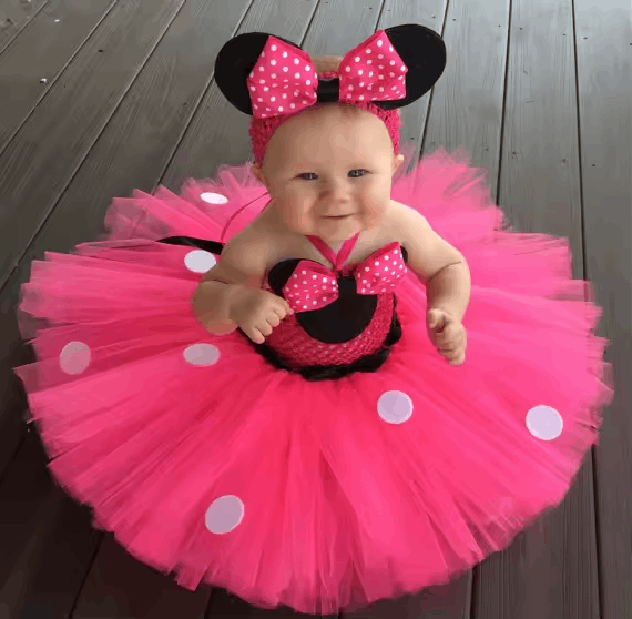 Pink Cartoon Girls Tutu Dress – Crochet Tulle Set with Bow, Dots, and Headband