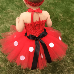 Pink Cartoon Girls Tutu Dress – Crochet Tulle Set with Bow, Dots, and Headband