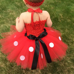 Pink Cartoon Girls Tutu Dress – Crochet Tulle Set with Bow, Dots, and Headband