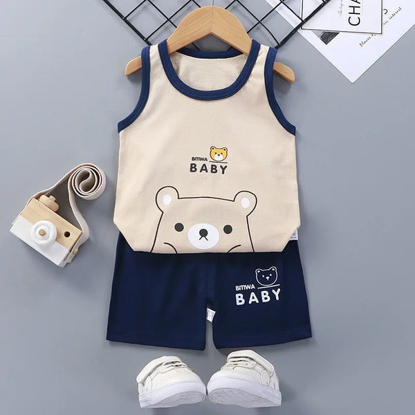 2PCS Children Clothing Vest Suit Children'S Sets Summer Cotton T-Shirts Shorts Boys Girls Sleeveless Kids Clothes for Baby