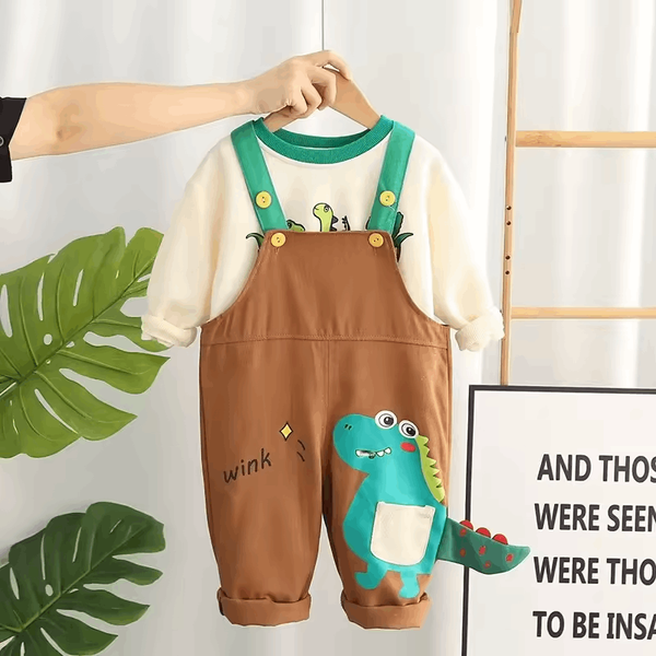 Spring & Autumn Baby Boys Dungarees – Casual Long-Sleeve Cartoon Two-Piece Set