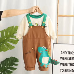 Spring & Autumn Baby Boys Dungarees – Casual Long-Sleeve Cartoon Two-Piece Set