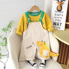 Spring & Autumn Baby Boys Dungarees – Casual Long-Sleeve Cartoon Two-Piece Set