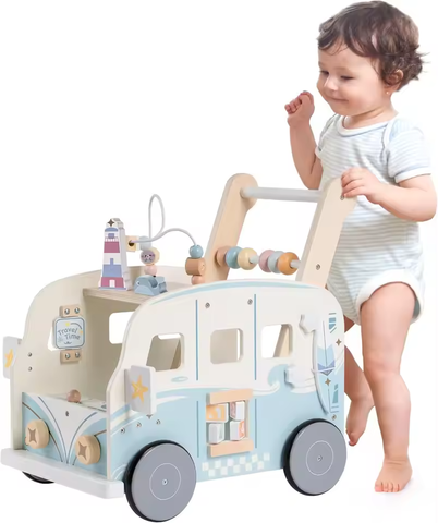 Wooden Baby Walker with Ocean Beach Bus Design