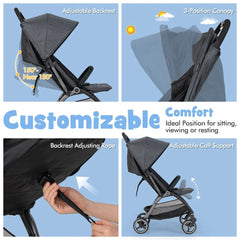Lightweight Foldable Baby Stroller with Adjustable Backrest and Canopy