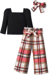 Toddler Girl Clothes, Toddler Outfit Square Neck Puff Long Sleeve Top + Striped Pants + Headband 3Pcs Set