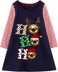 Girl Winter Casual Dress Christmas Long Sleeve Cotton Cartoon Applique Strip Shirt Party Outfit Dresses