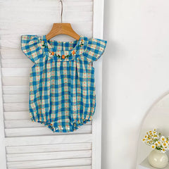 Summer Baby Girl Clothes Embroidery Newborn Romper Blue Grid Floral Cotton Flying Sleeves Baby Bodysuit 0-24 Months Girls Clothe