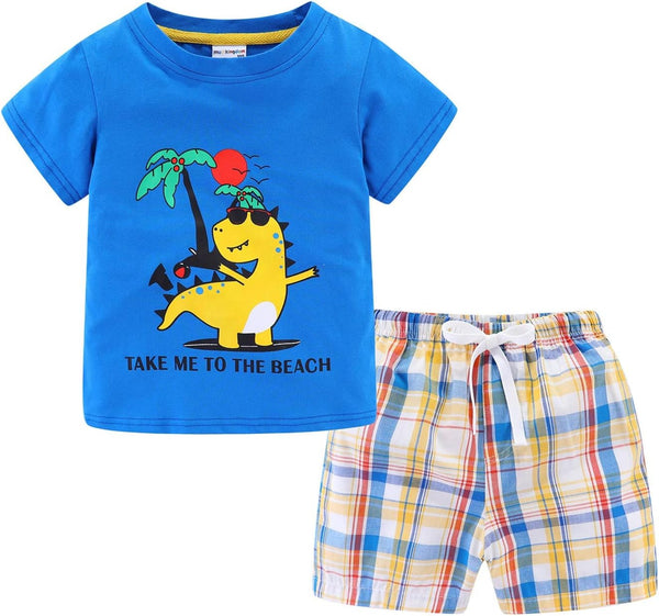 Boys Short Sets with Dinosaur Print Tops Elastic Waist Camouflage Shorts Beach Outfits