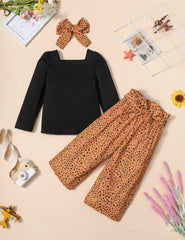 Toddler Girl Clothes, Toddler Outfit Square Neck Puff Long Sleeve Top + Striped Pants + Headband 3Pcs Set