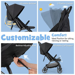 Lightweight Foldable Baby Stroller with Adjustable Backrest and Canopy