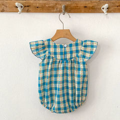 Summer Baby Girl Clothes Embroidery Newborn Romper Blue Grid Floral Cotton Flying Sleeves Baby Bodysuit 0-24 Months Girls Clothe