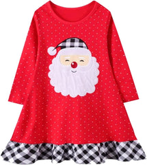 Girl Winter Casual Dress Christmas Long Sleeve Cotton Cartoon Applique Strip Shirt Party Outfit Dresses