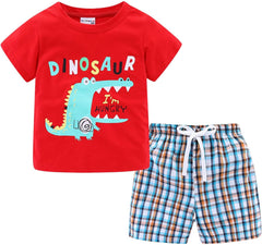 Boys Short Sets with Dinosaur Print Tops Elastic Waist Camouflage Shorts Beach Outfits