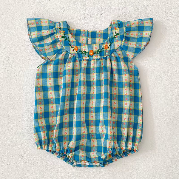 Summer Baby Girl Clothes Embroidery Newborn Romper Blue Grid Floral Cotton Flying Sleeves Baby Bodysuit 0-24 Months Girls Clothe
