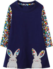 Girl Winter Casual Dress Christmas Long Sleeve Cotton Cartoon Applique Strip Shirt Party Outfit Dresses