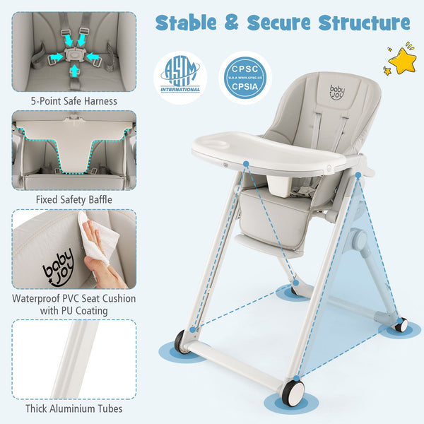 Foldable High Chair with Recline Backrest and Adjustable Height