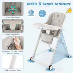 Foldable High Chair with Recline Backrest and Adjustable Height