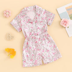 Baby Girls' Pyjama Sets Girls Summer 2PCS Pajama Sets Short Sleeve Button down Shirt Floral Print + Elastic Waist Shorts Sleepwear Girls Loungewear