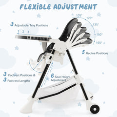 Baby High Chair with Detachable PU Cushion and Lockable Wheels