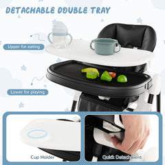 Baby High Chair with Detachable PU Cushion and Lockable Wheels