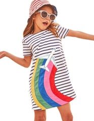 Girl Winter Casual Dress Christmas Long Sleeve Cotton Cartoon Applique Strip Shirt Party Outfit Dresses