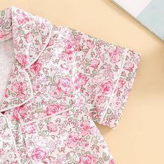Baby Girls' Pyjama Sets Girls Summer 2PCS Pajama Sets Short Sleeve Button down Shirt Floral Print + Elastic Waist Shorts Sleepwear Girls Loungewear