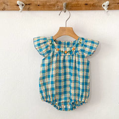 Summer Baby Girl Clothes Embroidery Newborn Romper Blue Grid Floral Cotton Flying Sleeves Baby Bodysuit 0-24 Months Girls Clothe