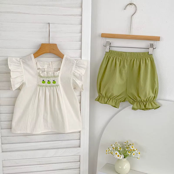 Pastoral Girls Baby Embroidered Floral Set Shirt+Pp Shorts 2PCS Tulip Infant Suits Toddler Newborn Clothes Suits Baby Clothing