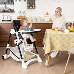 Baby High Chair with Detachable PU Cushion and Lockable Wheels