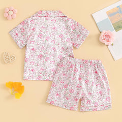 Baby Girls' Pyjama Sets Girls Summer 2PCS Pajama Sets Short Sleeve Button down Shirt Floral Print + Elastic Waist Shorts Sleepwear Girls Loungewear