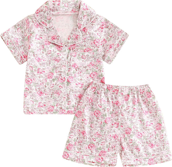 Baby Girls' Pyjama Sets Girls Summer 2PCS Pajama Sets Short Sleeve Button down Shirt Floral Print + Elastic Waist Shorts Sleepwear Girls Loungewear