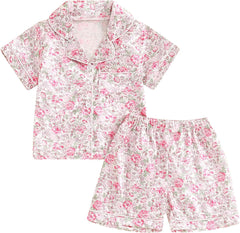 Baby Girls' Pyjama Sets Girls Summer 2PCS Pajama Sets Short Sleeve Button down Shirt Floral Print + Elastic Waist Shorts Sleepwear Girls Loungewear