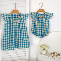 Summer Baby Girl Clothes Embroidery Newborn Romper Blue Grid Floral Cotton Flying Sleeves Baby Bodysuit 0-24 Months Girls Clothe