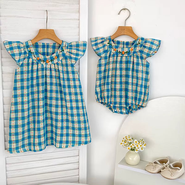 Summer Baby Girl Clothes Embroidery Newborn Romper Blue Grid Floral Cotton Flying Sleeves Baby Bodysuit 0-24 Months Girls Clothe