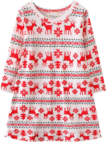 Girl Winter Casual Dress Christmas Long Sleeve Cotton Cartoon Applique Strip Shirt Party Outfit Dresses