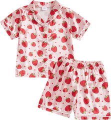 Baby Girls' Pyjama Sets Girls Summer 2PCS Pajama Sets Short Sleeve Button down Shirt Floral Print + Elastic Waist Shorts Sleepwear Girls Loungewear