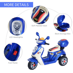 HOMCOM 6V Kids Electric Motorcycle Tricycle with Headlight and Music - Blue